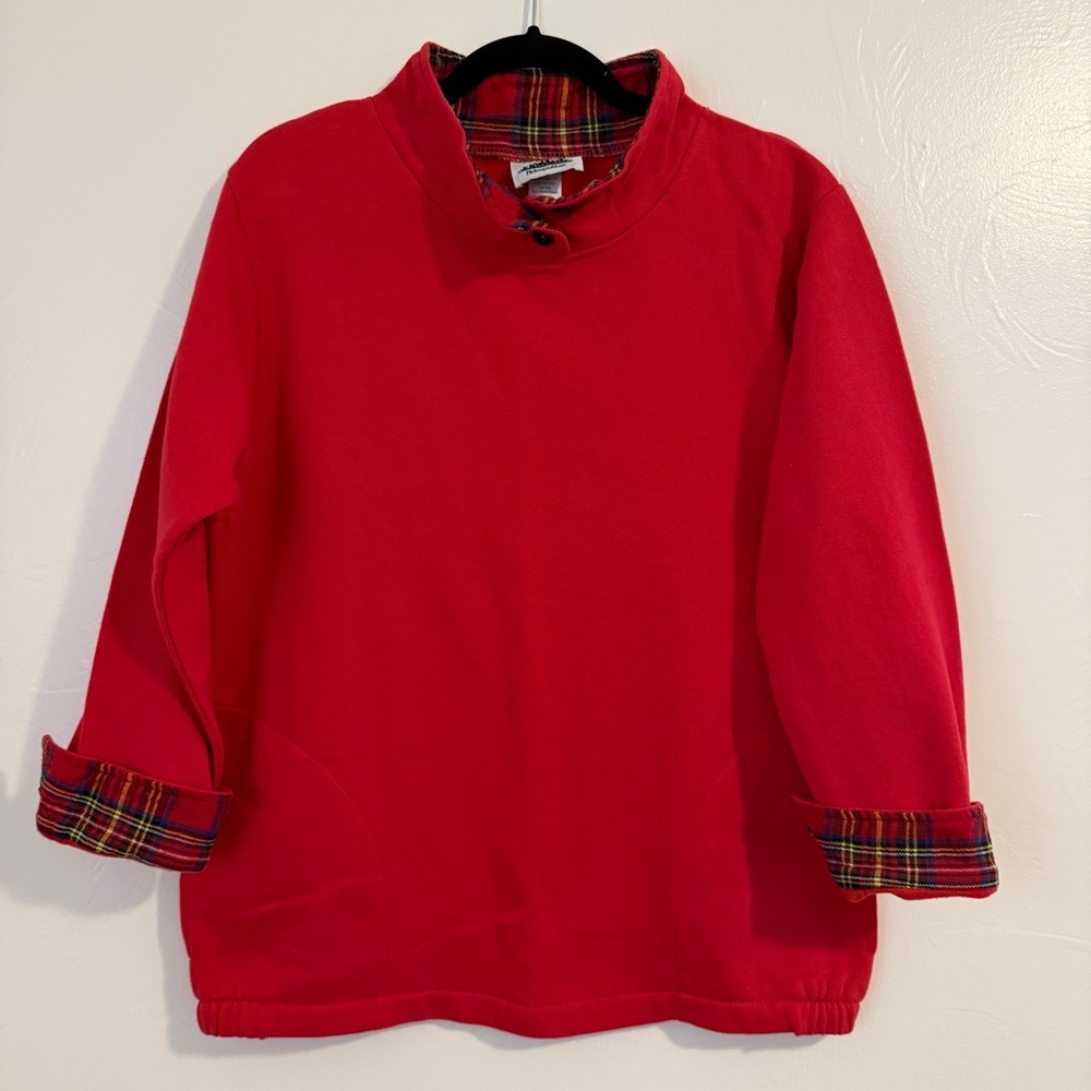 Women’s Vintage Grandmacore Tunic Sweatshirt Red with plaid flannel Size Medium